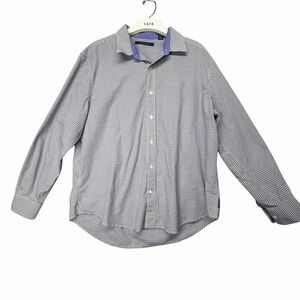 Perry Ellis Men's Button Down Shirt Blue White Check Cotton Long Sleeve Dress XL